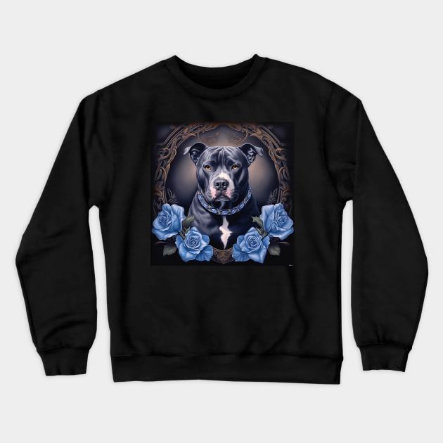 Staffy And Blue Roses Crewneck Sweatshirt by Enchanted Reverie